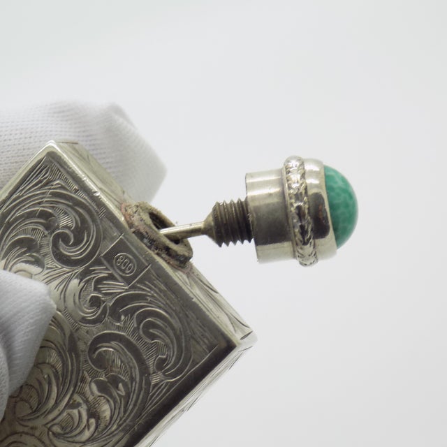 Vintage Italian Silver 800 Chiseled Perfume Bottle with Turquoise Stone Cap, 1970s For Sale - Image 9 of 14