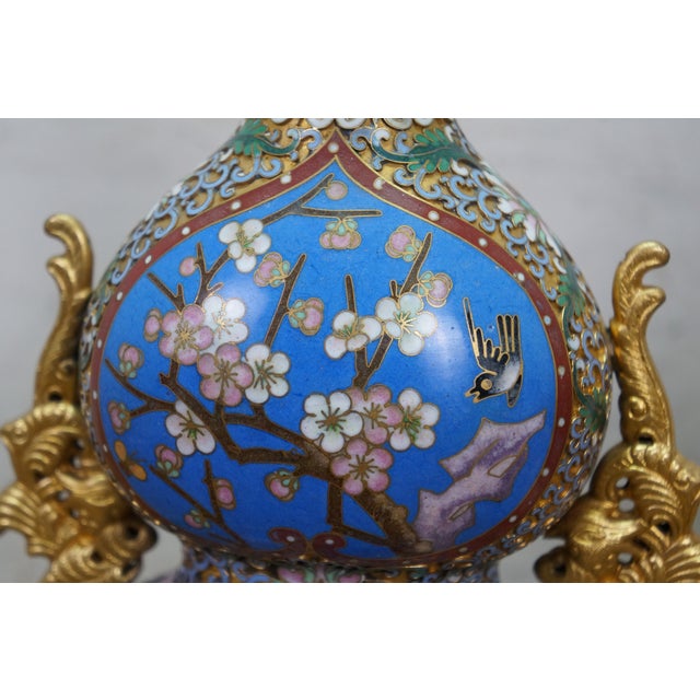 Antique Chinese Champleve Cloisonne Double Gourd Turquoise Mantel Vases Urns 12" For Sale - Image 9 of 17