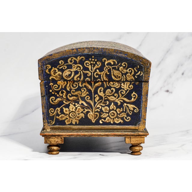 Striking Hand Painted Antique Domed Wood Casket Box With Key Madonna and Child Religious Scene For Sale - Image 13 of 18