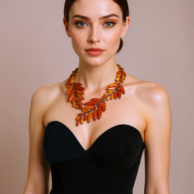 Oscar De La Renta 22k Gold Plated Orange Amber Resin Leaf Statement Necklace For Sale In Los Angeles - Image 6 of 13