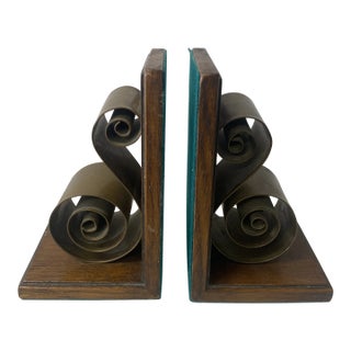 1940s Art Deco Style Bookends With Brass Metal Scroll Motif - a Pair For Sale