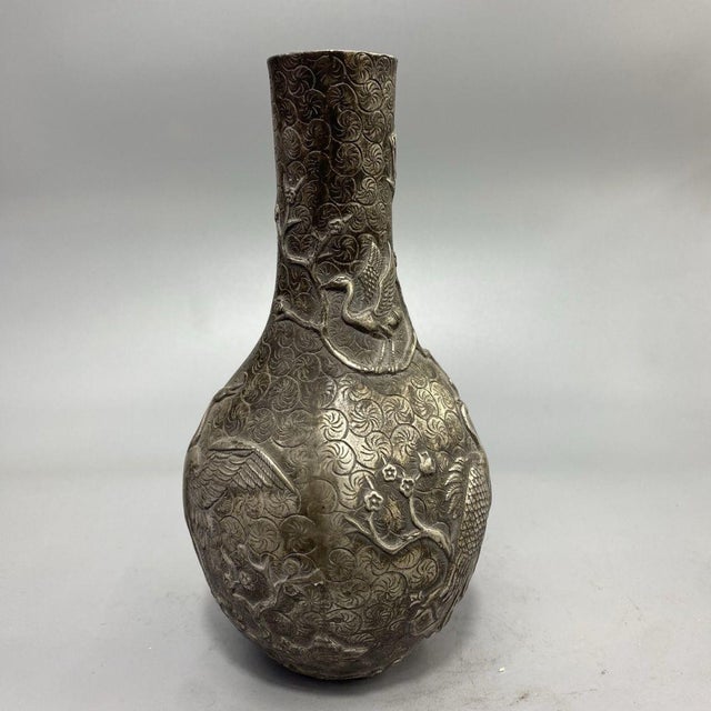 Vintage Silver-Tone Bronze Vase With Crane and Pine Relief - Asian Decorative Object For Sale - Image 4 of 8