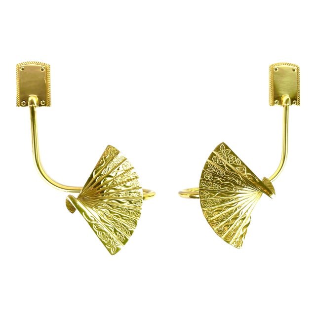 Vintage Gold Brass Fan Curtain Drapery Holdback Sconces For Sale
