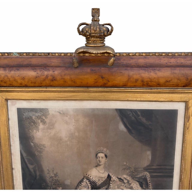 English Huge Antique Queen Victoria Coronation Engraving Print in Royal Crown Frame For Sale - Image 3 of 4
