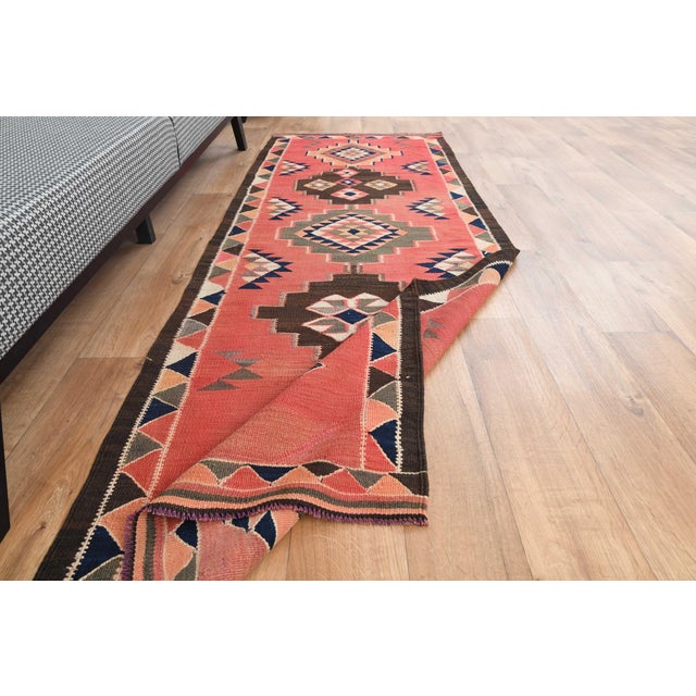 1970s Vintage Handmade Wool Cotton Pink Runner Rug For Sale - Image 10 of 11