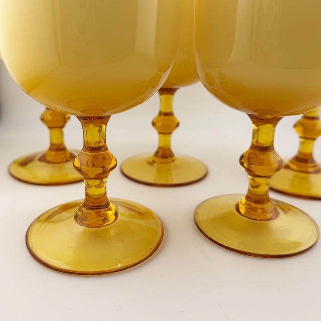 Yellow 1970s Italian Amber and Cased Opaline Glass Wine Goblets Carlo Moretti - Set of Five For Sale - Image 8 of 9