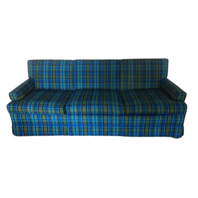 Mid Century Sofa Blue and Green Plaid 3 Seat Sofa For Sale - Image 12 of 12