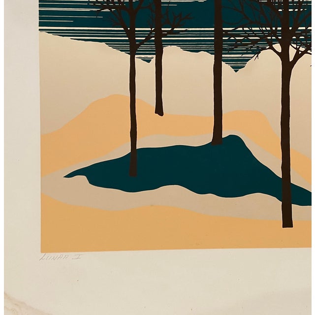 1970s screenprint titled "Lunar I" lower left but unsigned. Depicts a mountain scene and trees in dark green and shades of...