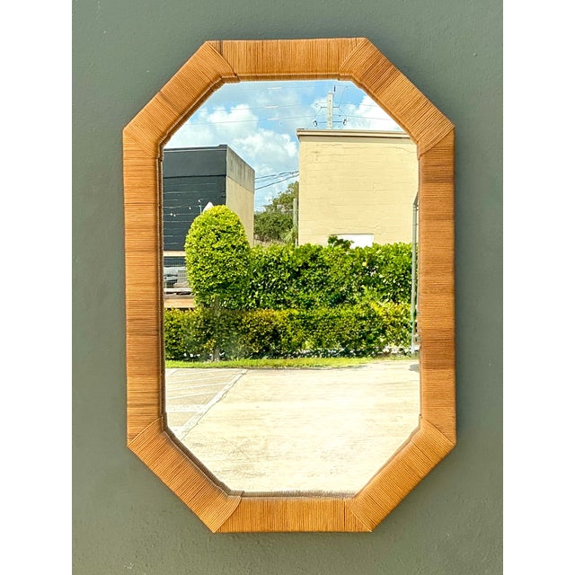 Wood Vintage Octagonal Wrapped Rattan Frame Mirror For Sale - Image 7 of 15