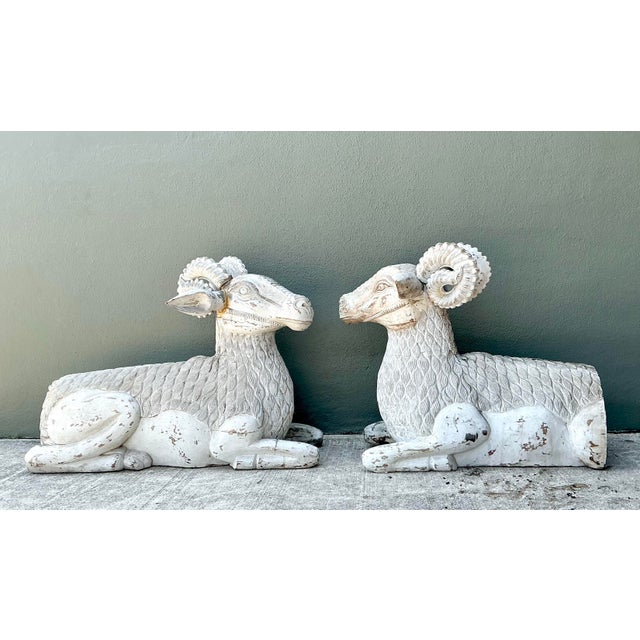White Vintage Monumental Distressed Hand Carved Rams - A Pair For Sale - Image 8 of 13