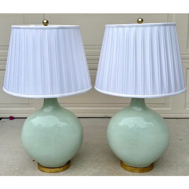Contemporary Mid 20th Century F. Schumacher & Co. Large Celadon Green Porcelain Table Lamps - a Pair For Sale - Image 3 of 18