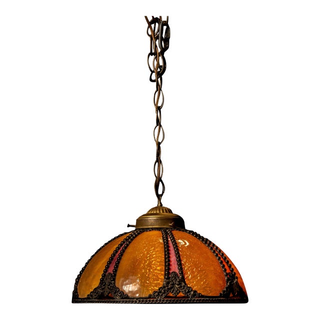 Antique Amber and Rose Stained Slag Glass Hanging Lamp For Sale