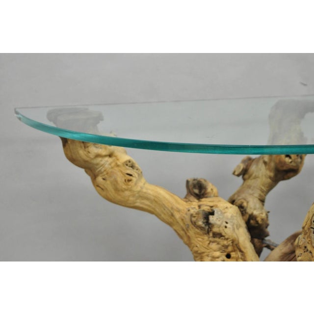 Mid-Century Modern Vintage Mid Century Modern Natural Burl Driftwood Demilune Glass Console Table For Sale - Image 3 of 18