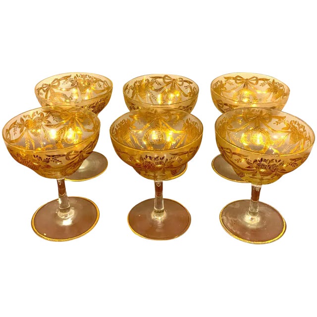 Early 20th Century Set of Six Gilt Enameled Frosted Grand Coupes/ Dessert or Seafood For Sale