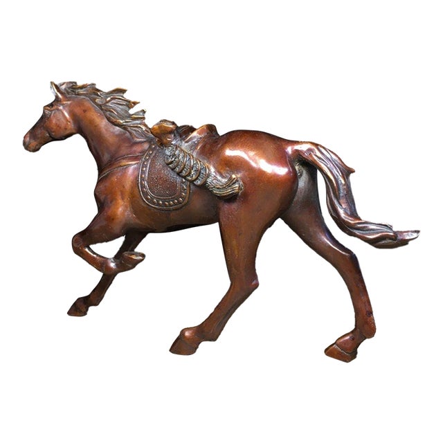 Vintage Bronze Galloping Horse Statue With Saddle, Chinese Wealth Attracting Horse Sculpture For Sale