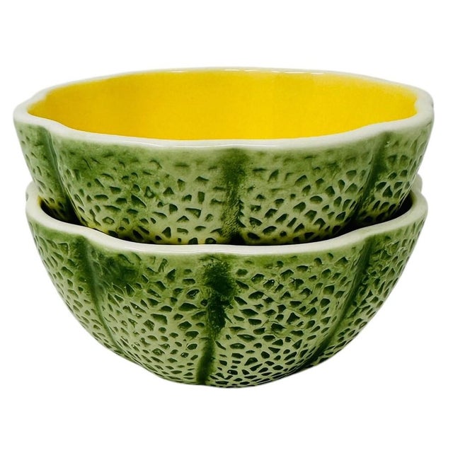 Mid-Century Modern Mid 20th Century "Noir" Cantaloupe Fruit Bowls| Unmarked Knobler Style | Realistic Japanese Majolica - Set of 2 For Sale - Image 3 of 9
