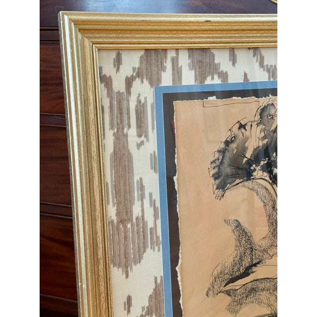 Early 20th Century Ruth Bunny Baldwin Floral Mixed Media Still Life on Ikat Cowtan and Tout Fabric in Gold Frame For Sale In Philadelphia - Image 6 of 7