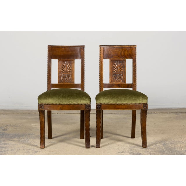 Wood Set of 10 Mid-19th Century French Directoire Walnut Dining Chairs in Olive Green For Sale - Image 7 of 18