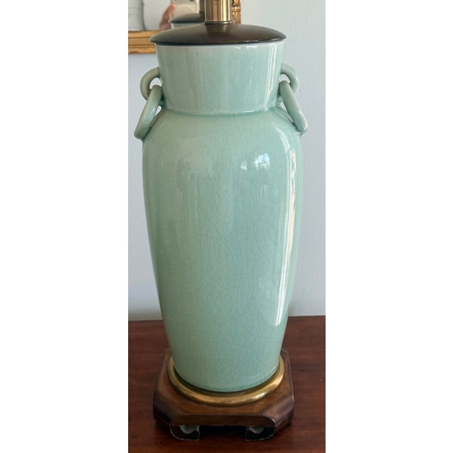 1970s Vintage Frederick Cooper Crackle-Glazed Celadon Porcelain Table Lamps For Sale - Image 5 of 14