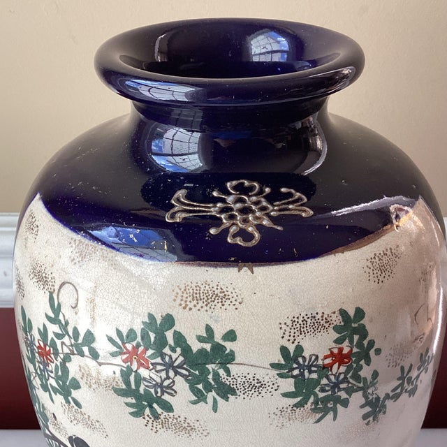 VTG/Antique Japanese Cobalt Porcelain Satsuma Figural Vase, Marked, 12 1/2” Tall For Sale - Image 9 of 12