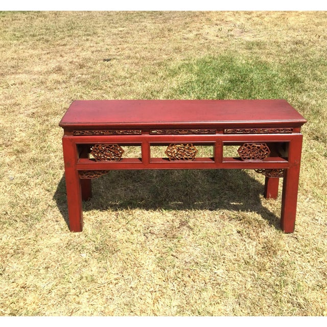 Chinese Pair Chinese Antique Red Gilded Carved Double Sided Benches For Sale - Image 3 of 12