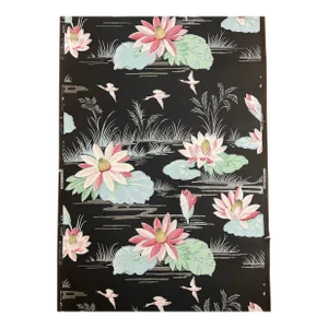 Vintage Hand-Printed Wallpaper Roll / Black With Pink Lotus Flowers