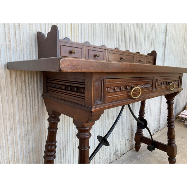 Wood Catalan Spanish Lady Desk or Console Tablein Carved Walnut and Iron Stretcher For Sale - Image 7 of 13