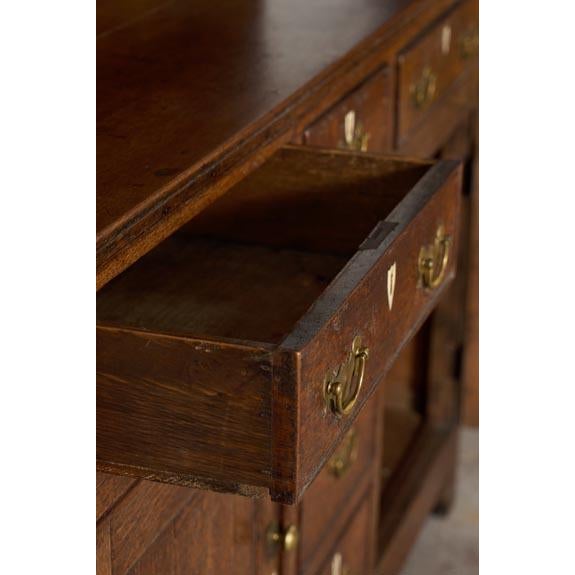 18th Century Oak Buffet + Plate Rack With Brass Hardware and Inlay Keyholes For Sale - Image 10 of 10
