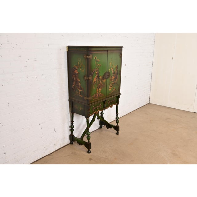 Berkey & Gay Antique Chinoiserie Jacobean Green Lacquered Hand Painted Bookcase or Bar Cabinet, Circa 1920s For Sale - Image 4 of 14