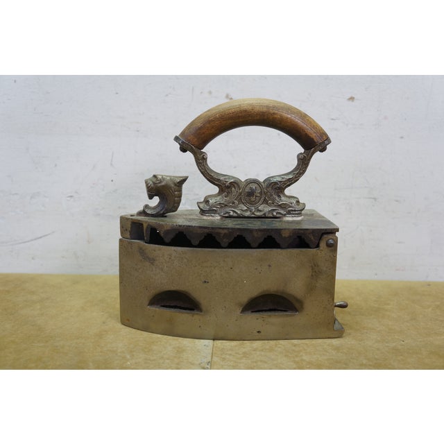Antique Lion Head Delphin Dolphin Coal Brazier Clothing Iron & Trivet 9" For Sale - Image 11 of 18
