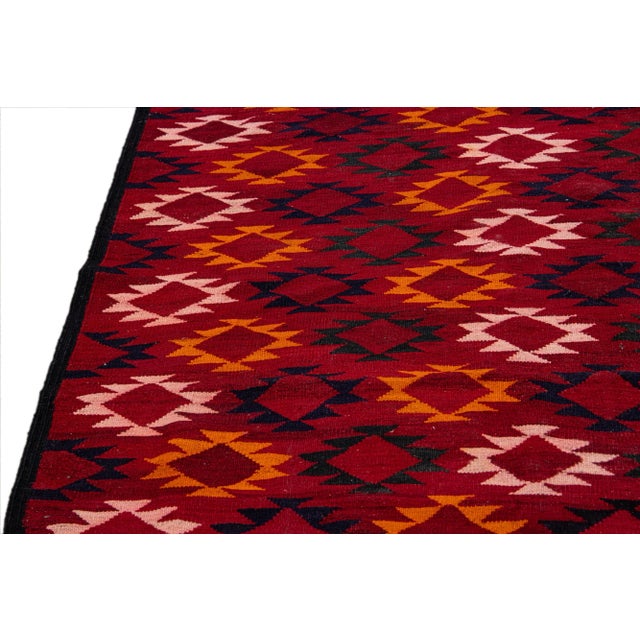 Textile Red Vintage Kilim Handmade Flatweave Tribal Motif Wool Runner For Sale - Image 7 of 10