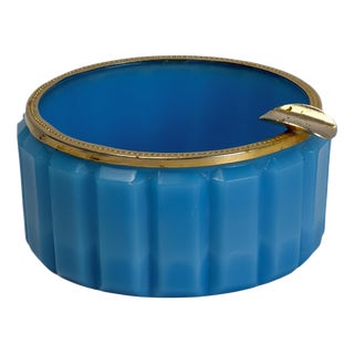 Faceted Turquoise Opaline Glass Ashtray with Gilt Brass Rim, Italy, 1950s For Sale