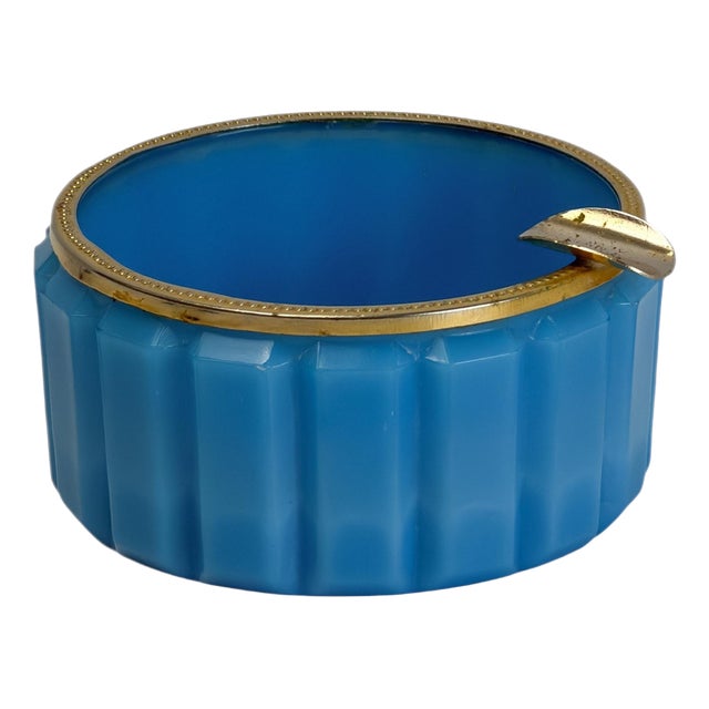 Faceted Turquoise Opaline Glass Ashtray with Gilt Brass Rim, Italy, 1950s For Sale