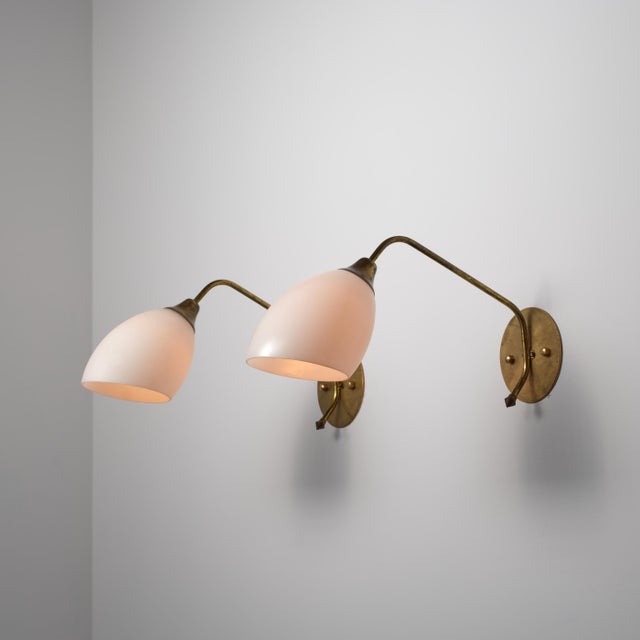 Large Vintage Italian Brass and Opaline Glass Wall Sconces, 1950s, Set of 2 For Sale - Image 6 of 14