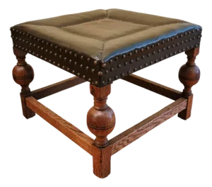 Jacobean Revival Leather Footstool, Late 19th to Early 20th Century
