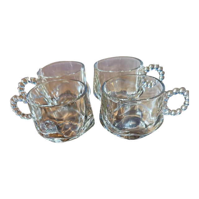 Vintage Hazel Atlas Snack Cup Punch Cups Bubble/Beaded Handle Glass - Set of 4 For Sale