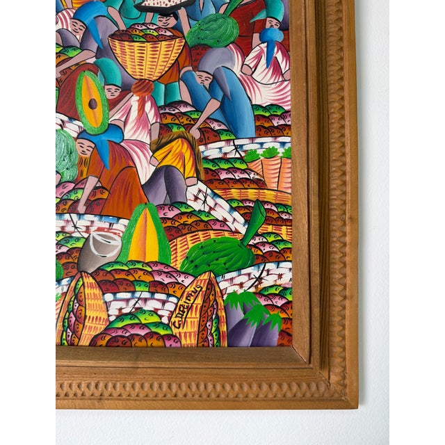 Green 1970’s Carlo Decimus Haitian Folk Art Fruit Market Oil on Canvas Painting, Framed For Sale - Image 8 of 12