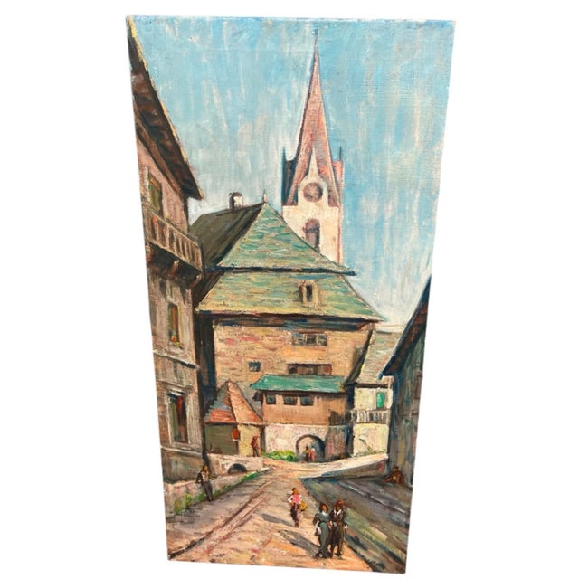 1960s 1960s Painting – European Village Street Scene With Church Steeple For Sale - Image 5 of 12