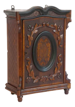Antique Small Wooden Cabinet with Carved Ornaments and Marquetry