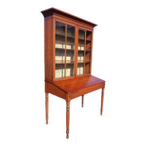 Antique 2 Piece Cherry Sheraton Plantation Desk W 12 Pane Top Org Seeded Glass