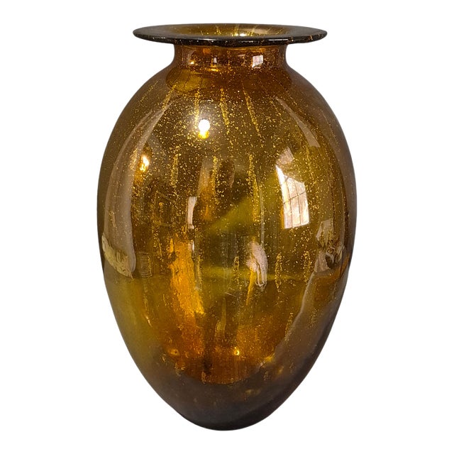 Vintage Art Glass Attributed Murano Amber Original Label "Made in Italy" Vase For Sale