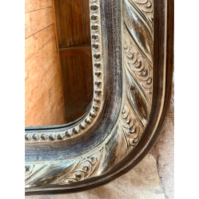 Faux Giltwood Wall Mirror With Curved Top and Decorative Scroll, Bead Border For Sale - Image 4 of 13