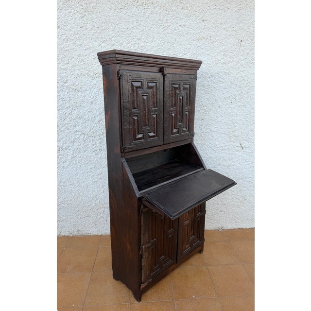 Antique Spanish Carved Wooden Bureau Cabinet with Drop-Front Desk, 1850s For Sale - Image 6 of 11