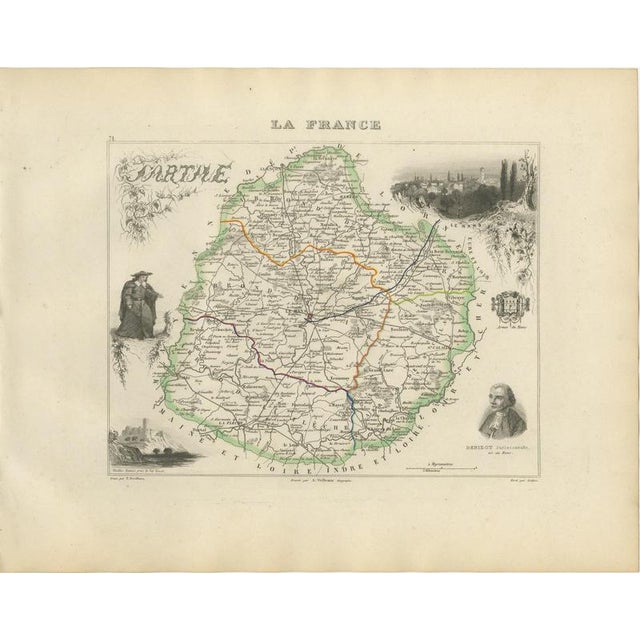 Antique Map of the Sarthe, Le Mans and the Jurist Denizot, 1860 For Sale - Image 3 of 12