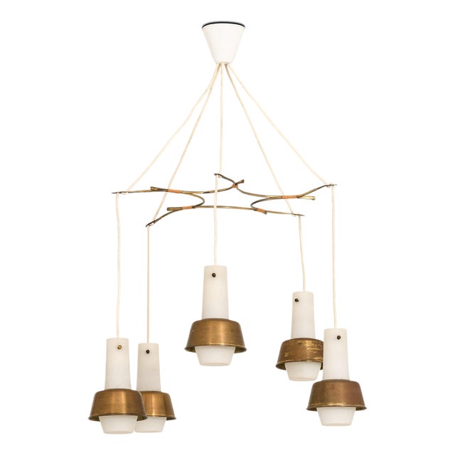 Ceiling Lamp in Brass, Cane and Opaline Glass from Nordisk Solar, 1950s For Sale