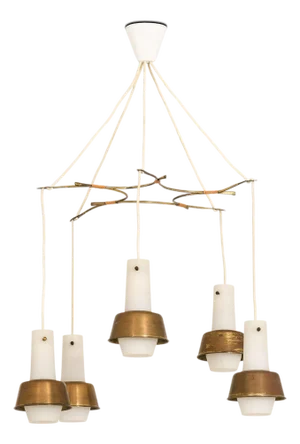 Ceiling Lamp in Brass, Cane and Opaline Glass from Nordisk Solar, 1950s