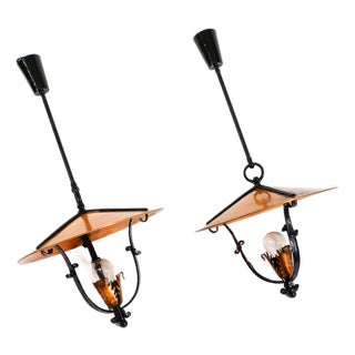 Large Vintage Pendant Lights in Heavy Metal and Copper, 1930s, Set of 2 For Sale