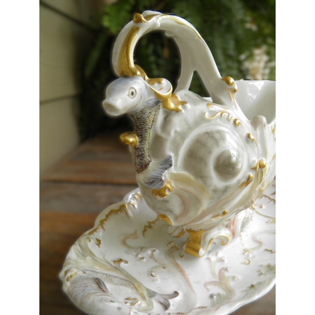 Late 19th Century Limoges a Superb & Rare Rocaille-Style Seashell Sauceboat W/ Waves & Fish 1891-1890 For Sale - Image 5 of 10