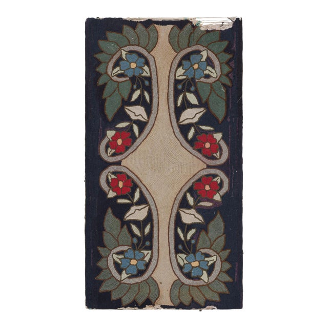 Antique Hooked Rug in Navy Blue With Medallion and Florals From Rug & Kilim For Sale