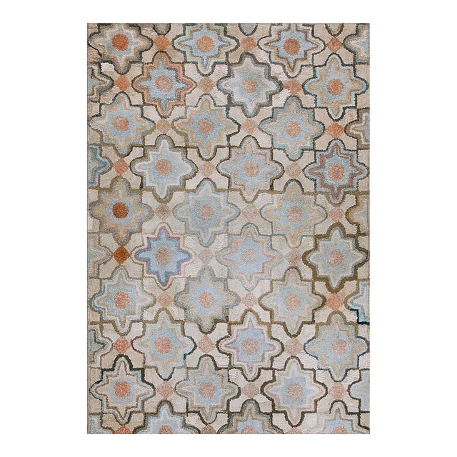 1890s Gray Star Medallion Folk Art Trellis-Lattice Antique American Hooked Rug For Sale